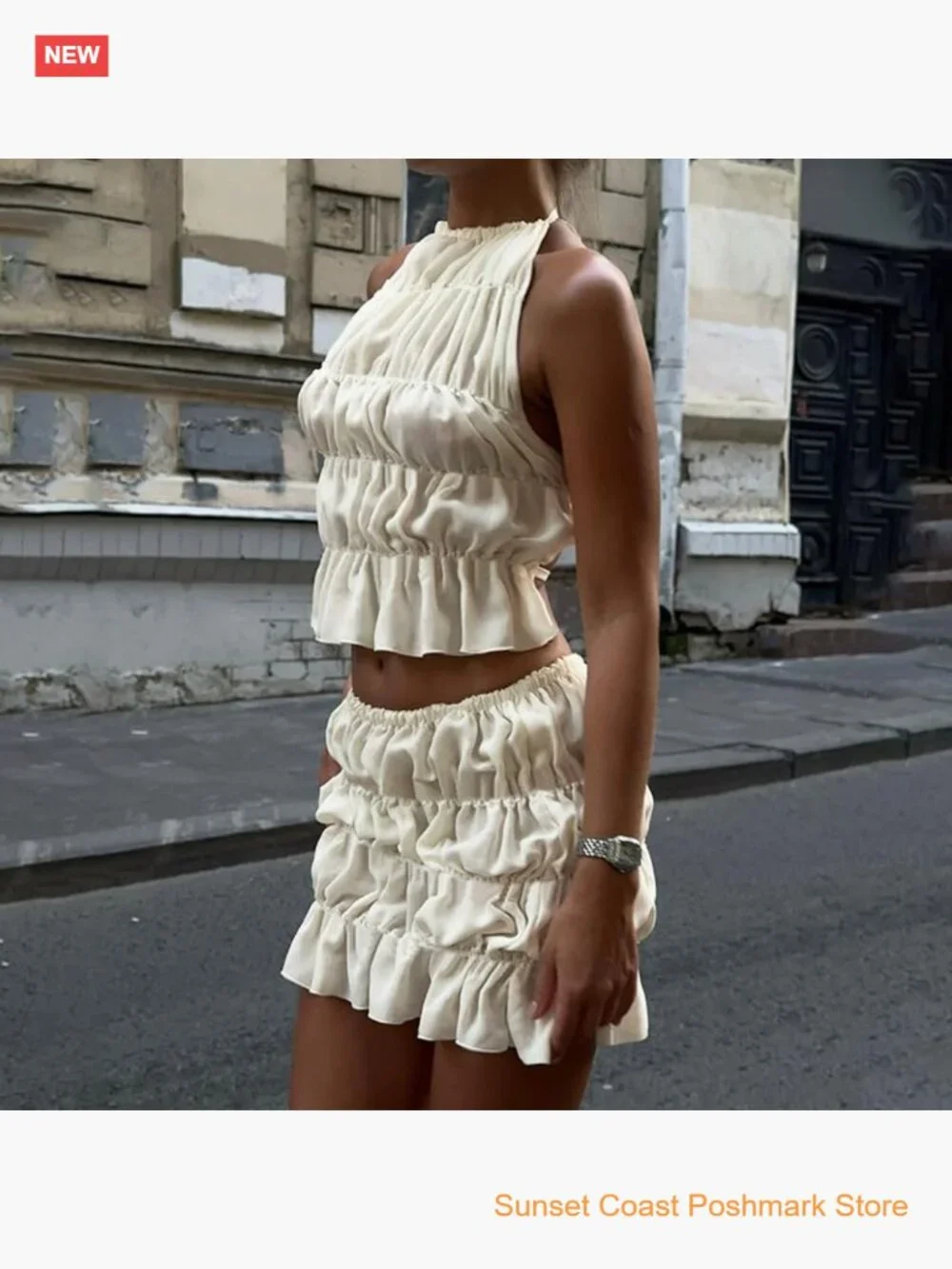 Y2K Boho Two Piece Skirt Set Pleated Ruffled Backless Crop Top Lace Up See